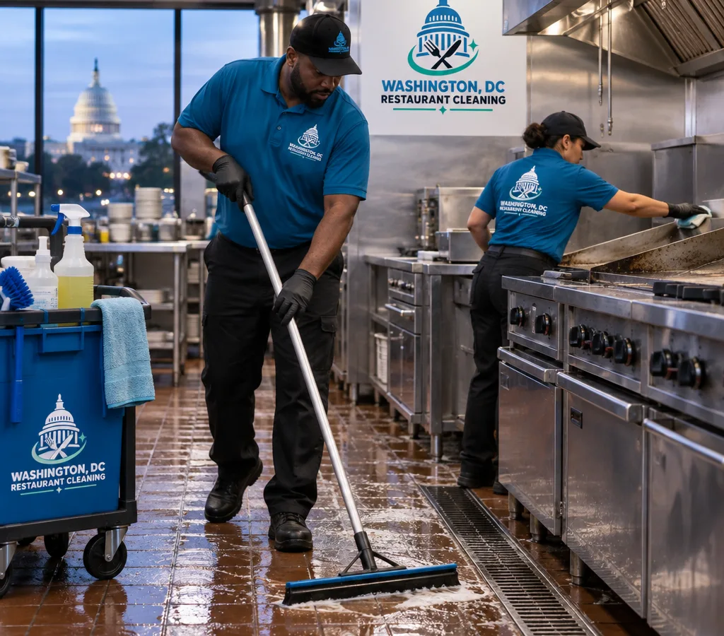 Professional restaurant cleaners mopping and degreasing a commercial kitchen line after close