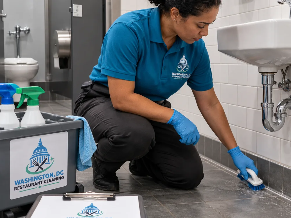 Cleaner detailing restaurant restroom tile grout and fixtures with a checklist nearby