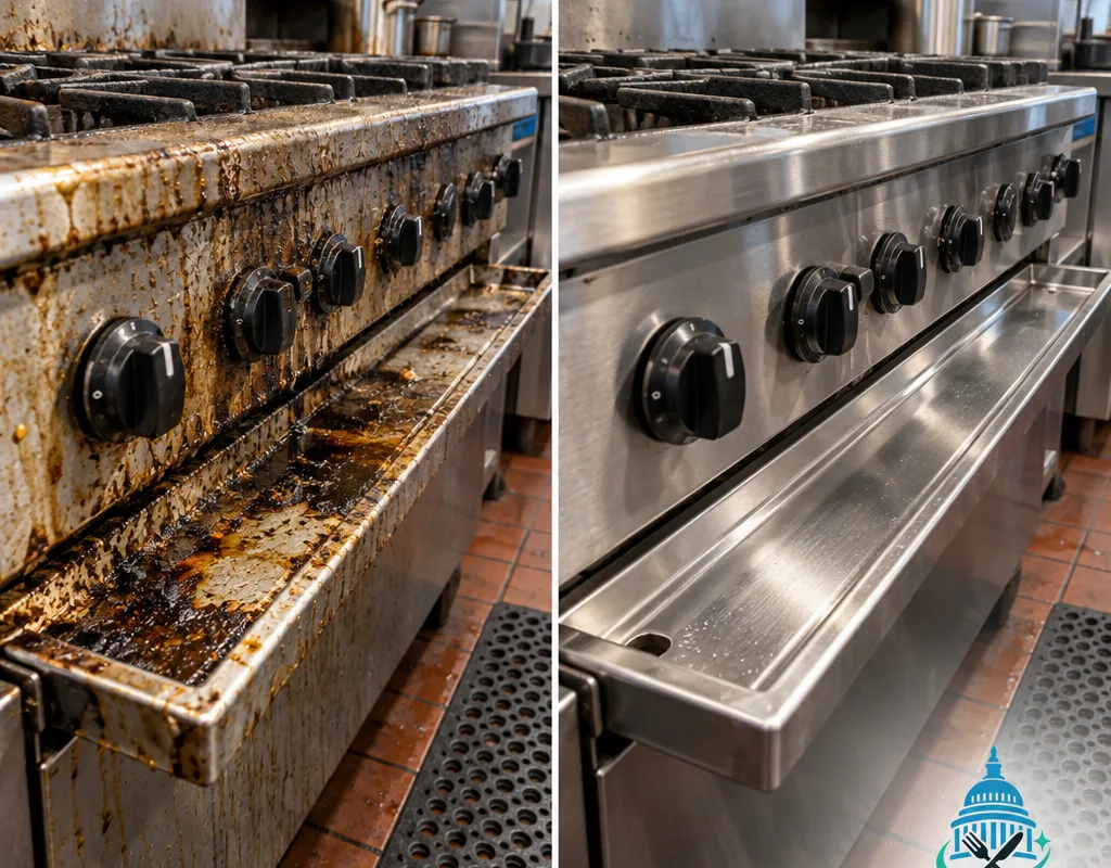 Before and after comparison of grease removed from a commercial range front and drip tray area