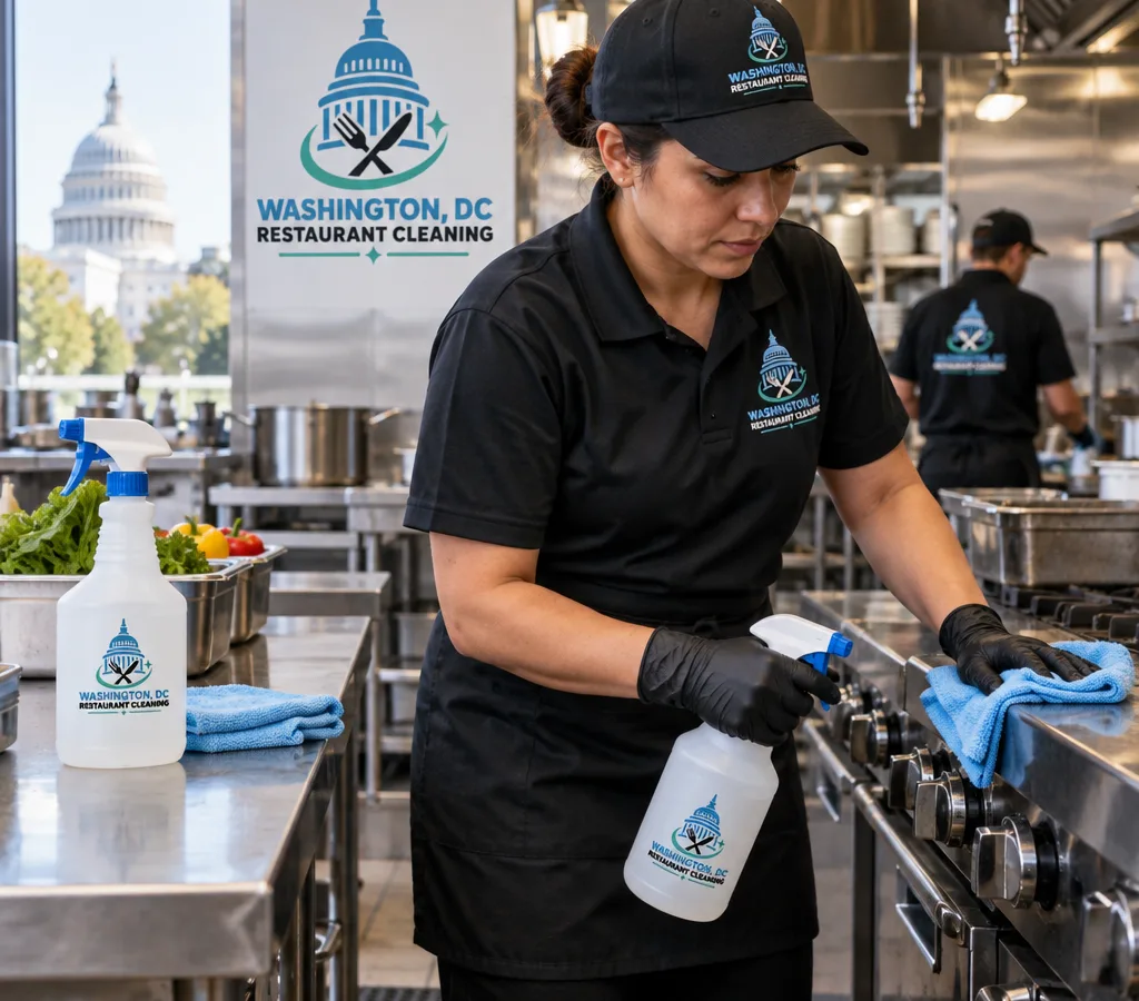 Professional cleaner wiping a stainless prep table and commercial range controls in a working restaurant kitchen