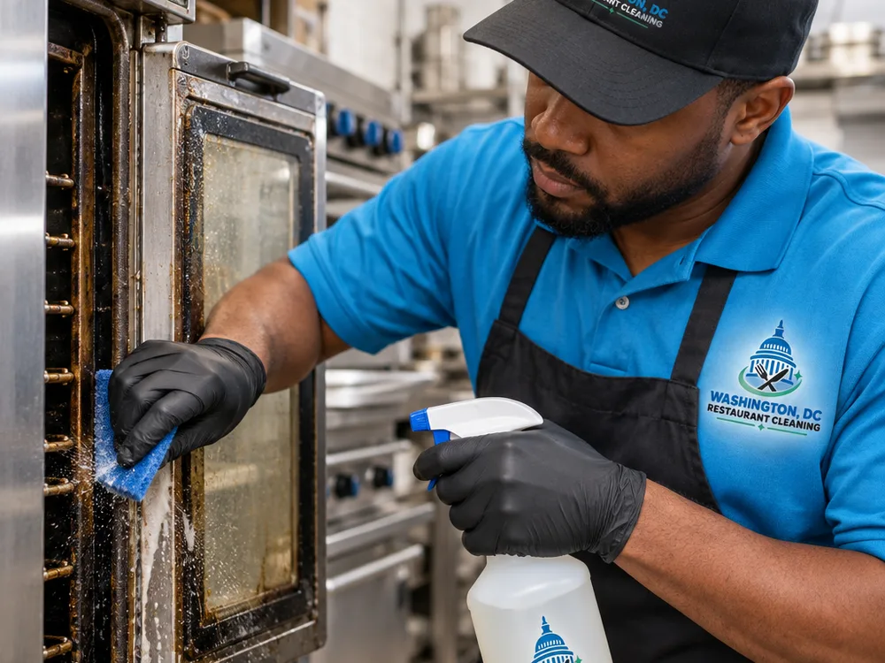 Technician cleaning baked-on grease from a commercial oven door frame and gasket with non-scratching tools