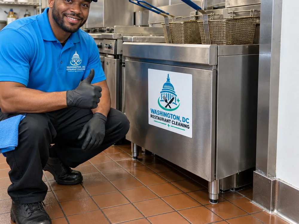 Clean fryer exterior and surrounding floor zone with degreased coves and a dry walking surface