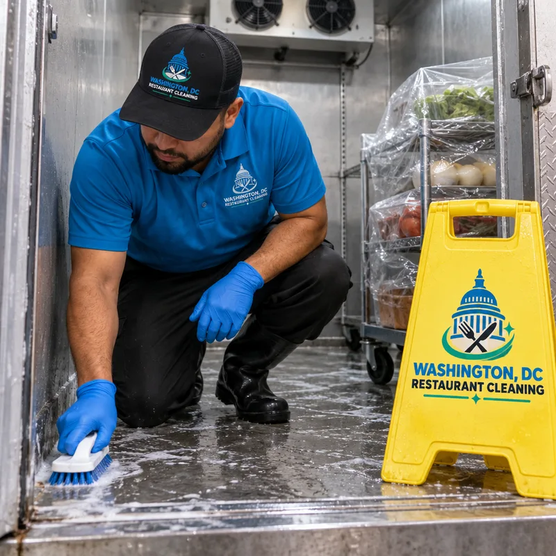 Walk-in cooler being cleaned along floor corners and the threshold with food staged safely on covered carts