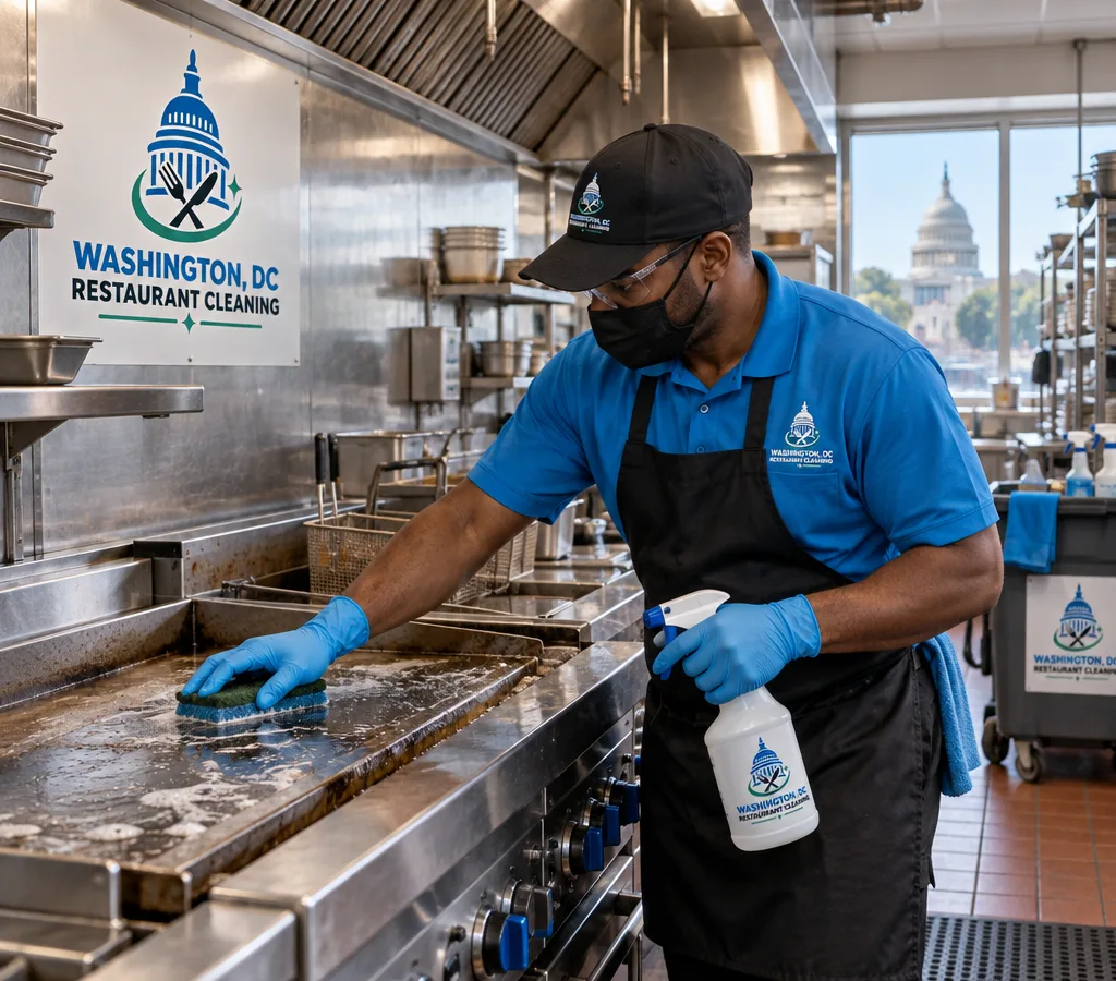 Professional cleaner in PPE deep-cleaning a commercial cook line in a Washington, DC restaurant kitchen