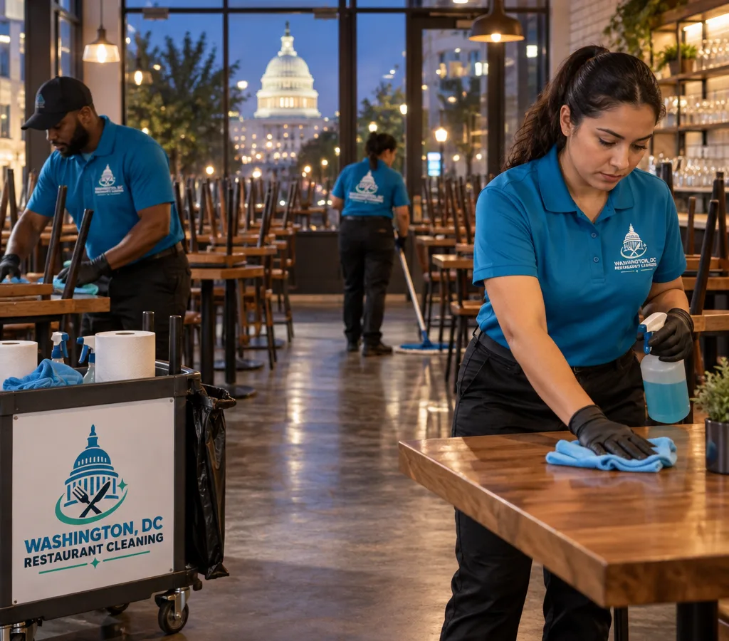 After-hours restaurant crew cleaning a Washington DC dining room, wiping tables and preparing floors for next-day service