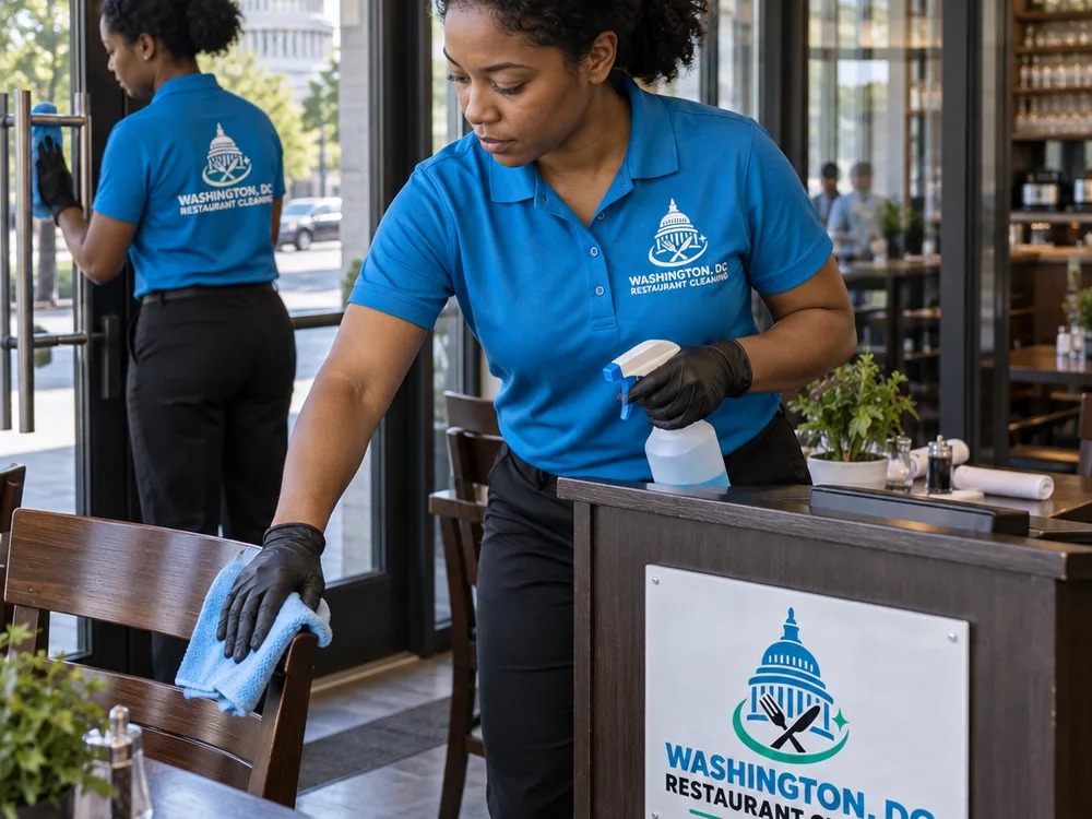 Cleaner disinfecting a restaurant host stand, door handles, chair backs, and entry glass before opening