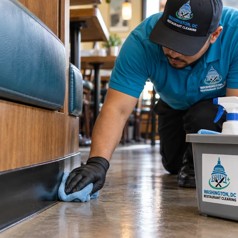 Cleaned baseboards and booth bases in a dining area with crumb lines removed and edges properly mopped