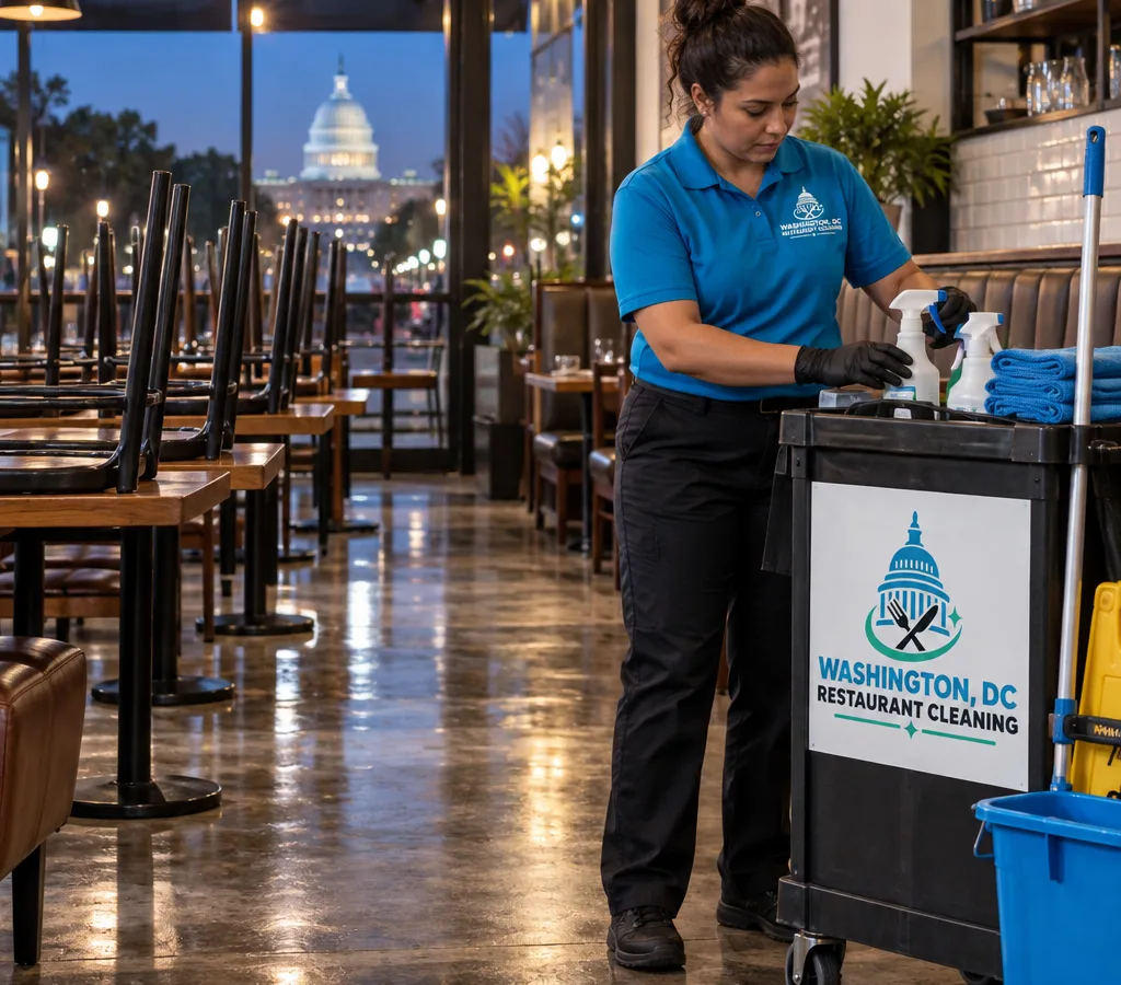 Washington, DC restaurant dining room after closing with chairs raised, freshly cleaned floors, and supplies staged for overnight work
