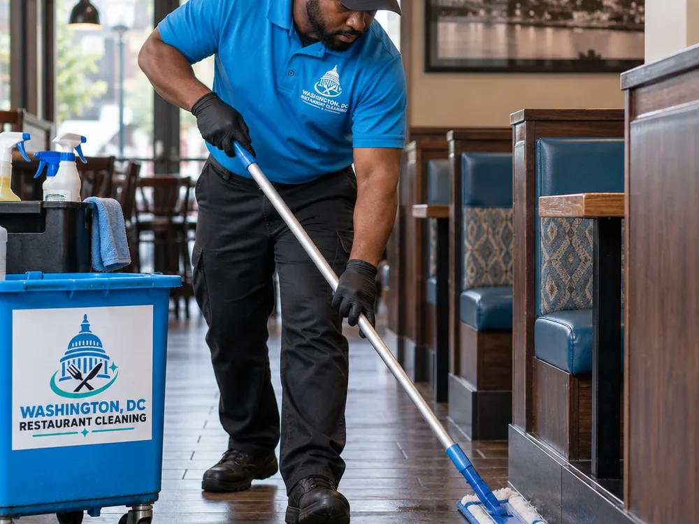 Cleaner performing detailed floor-edge work along booth bases and baseboards in a closed restaurant aisle