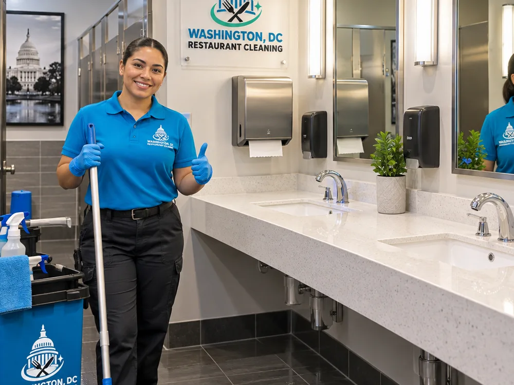Restaurant restroom after overnight cleaning with polished mirrors, cleaned fixtures, stocked dispensers, and dry streak-free floors