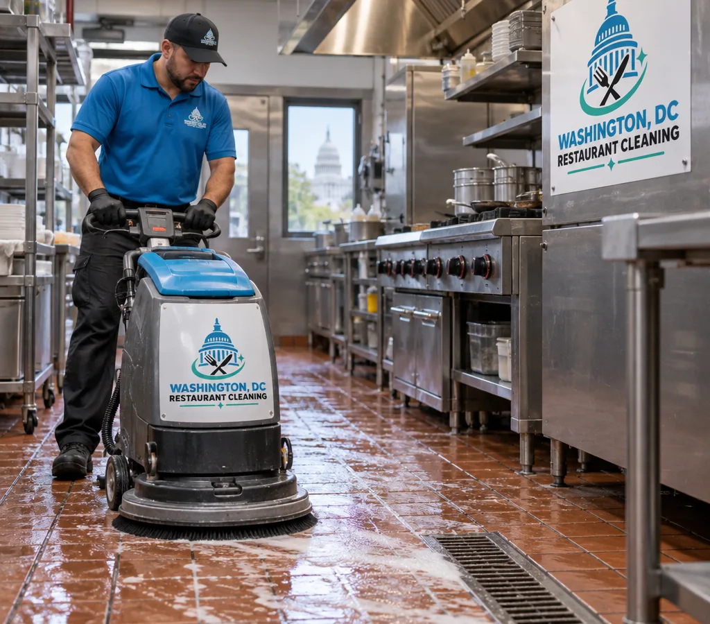Technician machine-scrubbing quarry tile around drains and equipment edges in a Washington restaurant kitchen