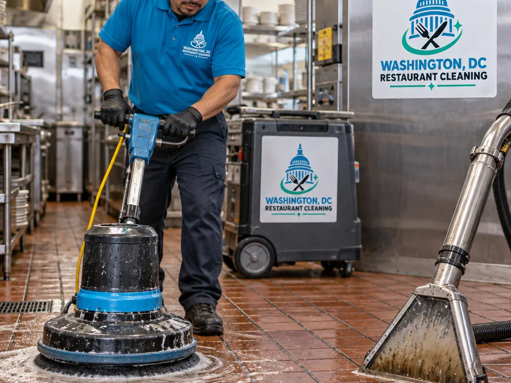 Commercial floor technician using a rotary scrubber and wet vacuum recovery equipment on quarry tile and dark grout