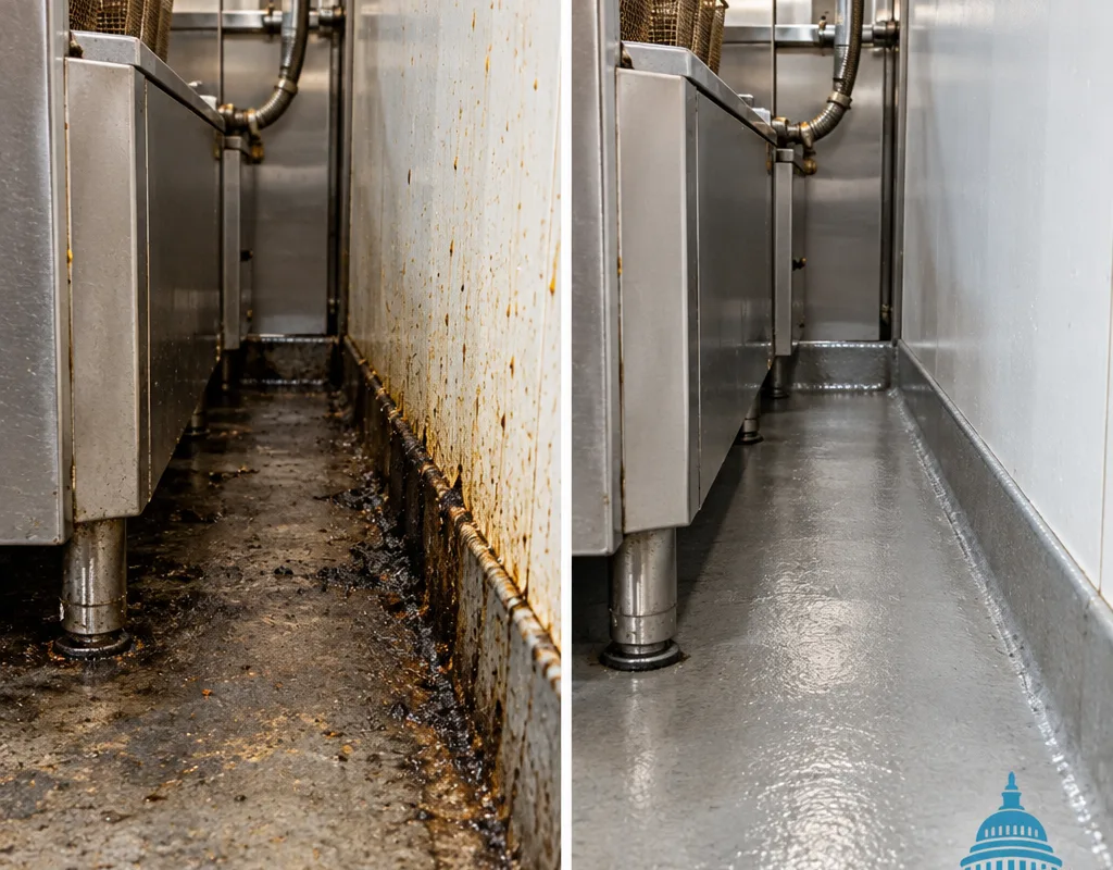 Before and after comparison of grease removed from a commercial kitchen floor edge behind fryers