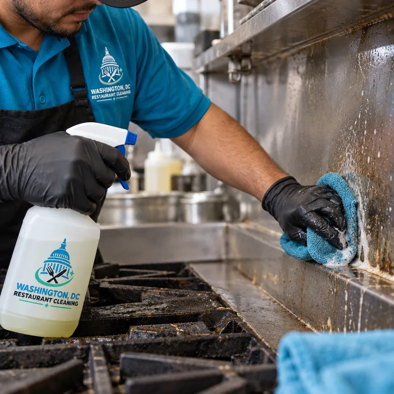 Gloved hands scrubbing the greasy stainless backsplash seam behind a commercial range