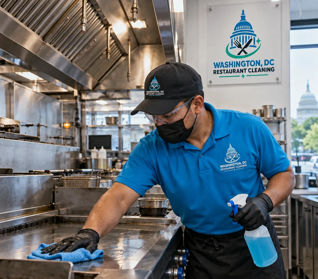 Technician in PPE wiping stainless cook line surfaces beneath a commercial kitchen hood and duct area