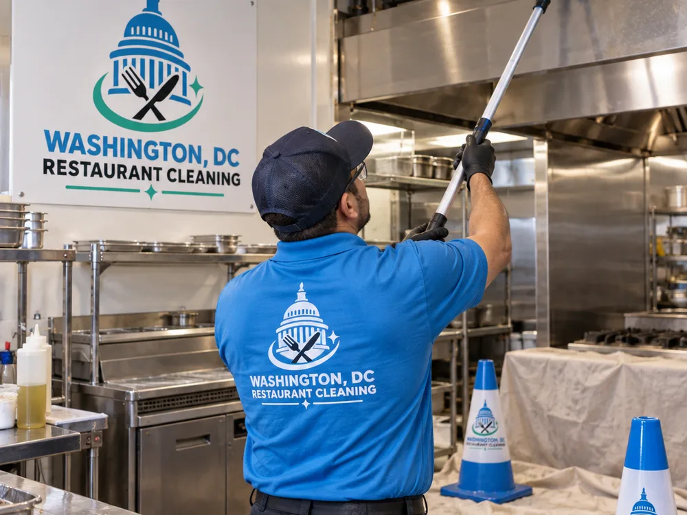 Technician using an extension pole to high-dust overhead pipes and ledges above a protected prep area