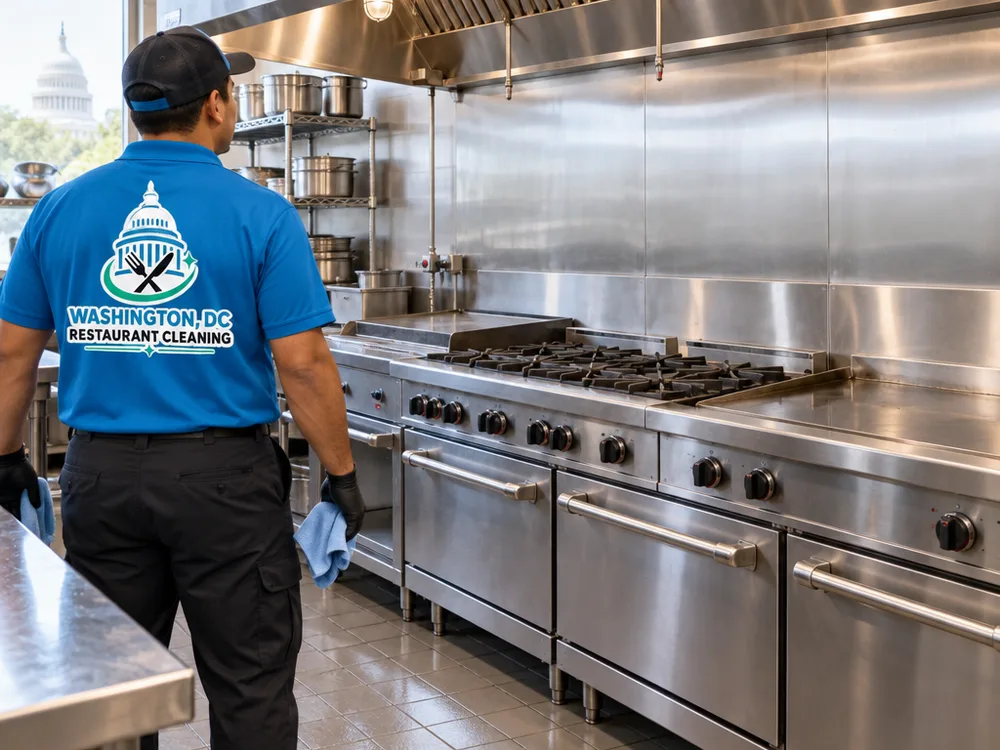 Cleaned commercial cook line with degreased stainless fronts, backsplash, hood, and surrounding wall