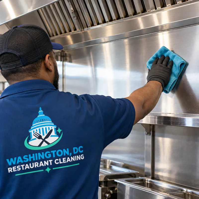 Clean stainless backsplash and shelf beneath a restaurant hood with grease film removed
