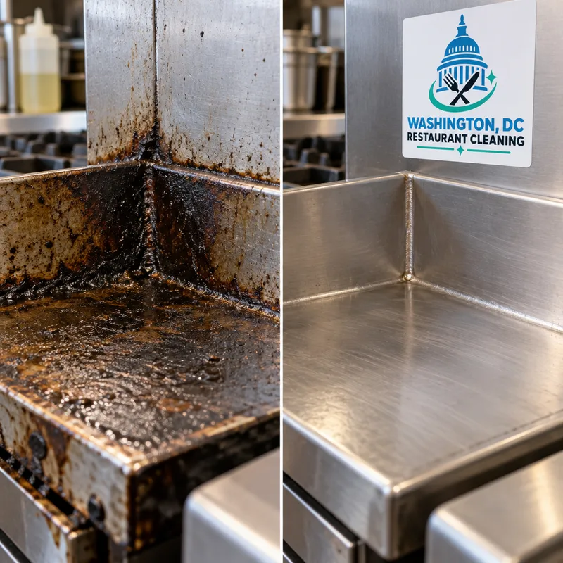 Before-and-after view of a commercial flat-top corner with carbon buildup removed and edges detailed