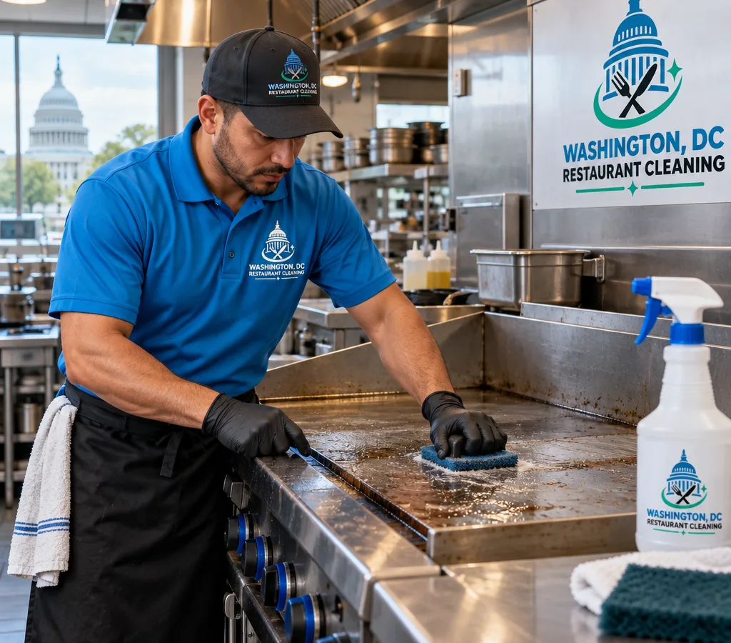 Technician cleaning a commercial flat-top grill and surrounding stainless surfaces in a working restaurant kitchen