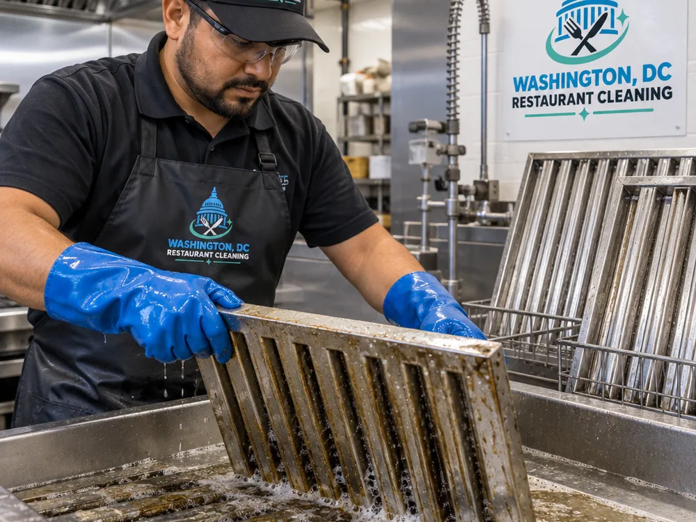 Commercial hood filters soaking in a cleaning station while a gloved technician stages them to dry