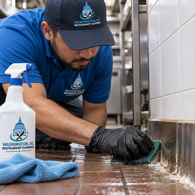 Technician scrubbing greasy buildup along a commercial kitchen floor and wall cove seam