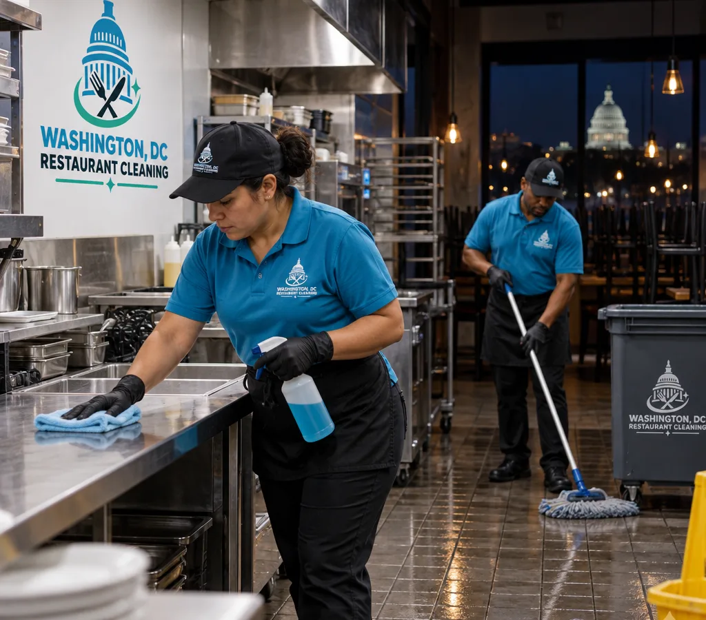 Night-time commercial cleaning crew wiping stainless preparation tables and mopping a Silver Spring restaurant kitchen after service