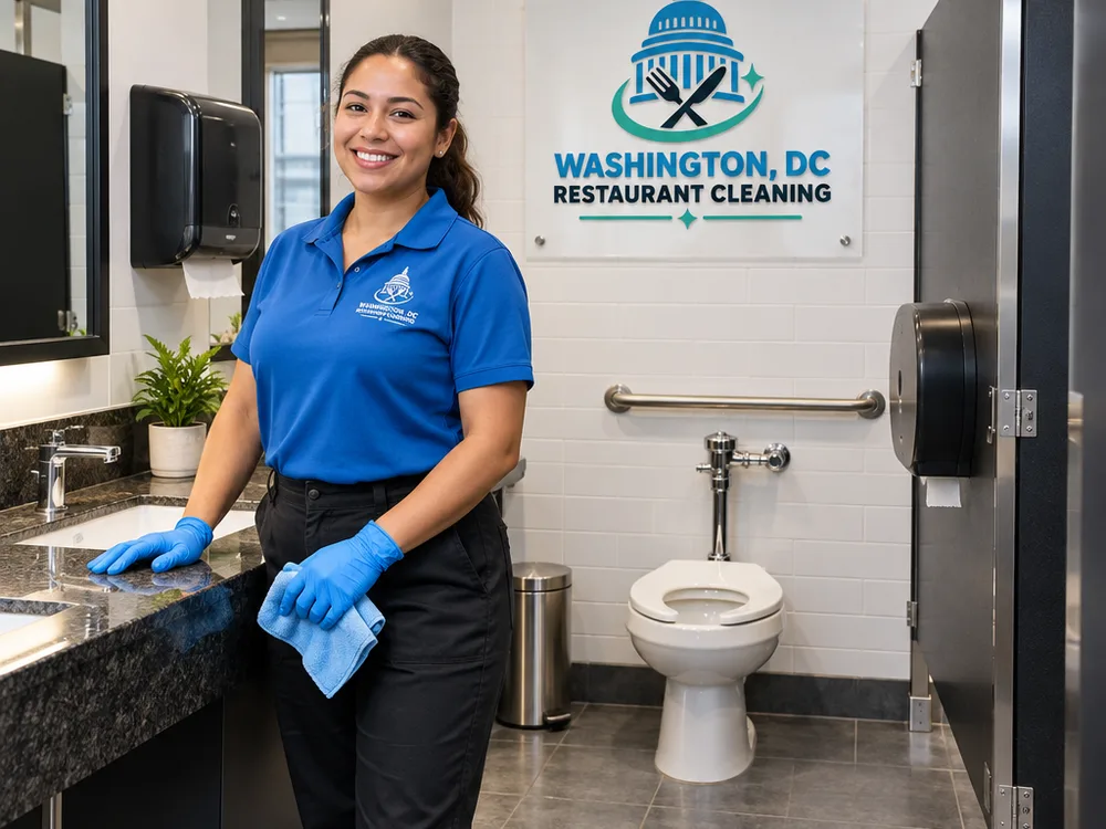 Restaurant restroom after cleaning with polished fixtures, streak-free mirrors, and clean floors