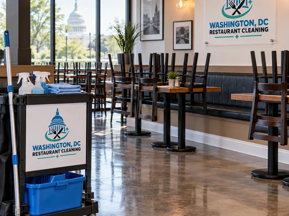Cleaned restaurant dining room with chairs raised, freshly mopped floors, and wiped baseboards