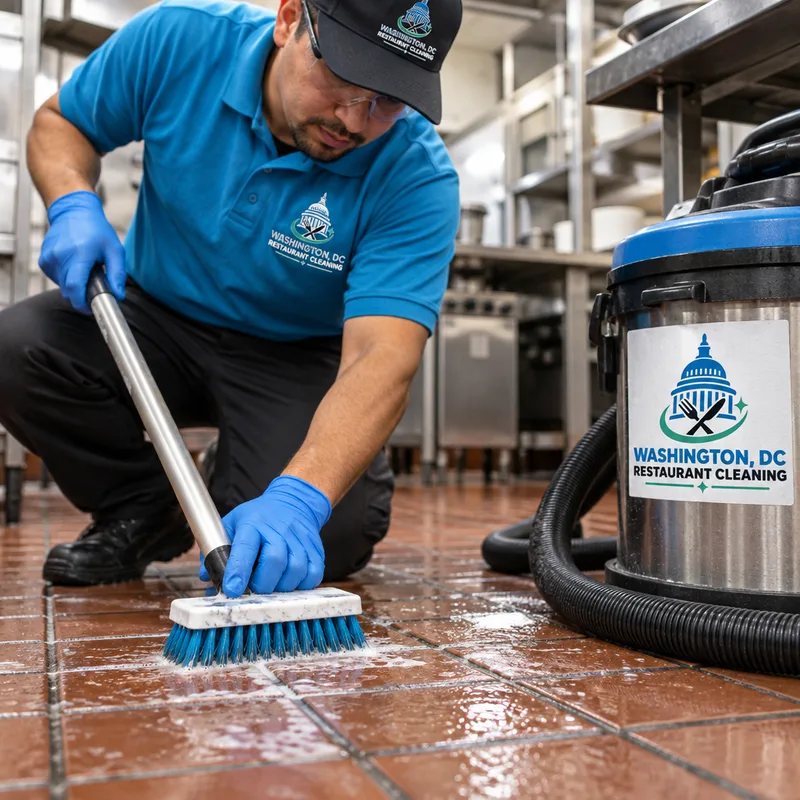 Cleaner scrubbing grout lines on a commercial tile floor with a deck brush and wet vacuum nearby
