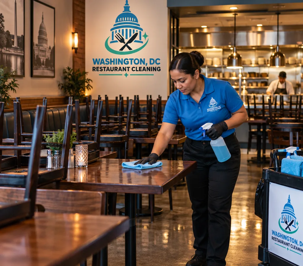 After-hours restaurant cleaning in a Bethesda dining room with freshly cleaned floors and a cleaner wiping a table