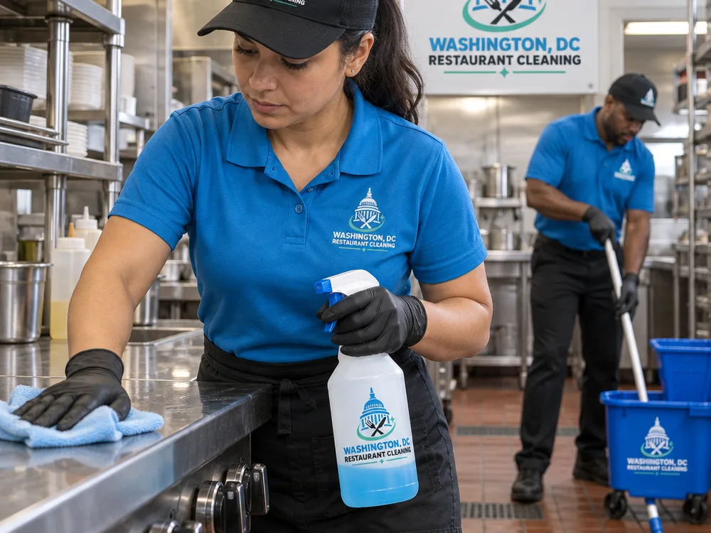 Cleaner wiping commercial kitchen prep surfaces while another cleaner mops a non-slip floor