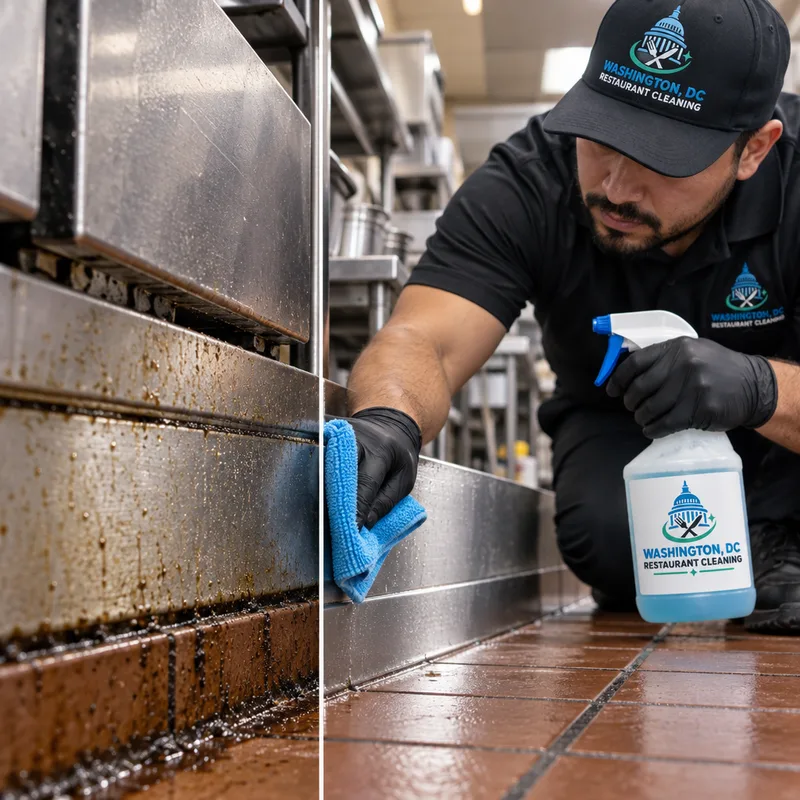 Cleaner removing greasy buildup from a commercial kitchen floor edge and baseboard near a prep line