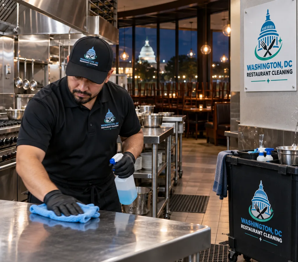 Commercial cleaning technician sanitizing stainless prep tables and equipment in an active restaurant kitchen after closing