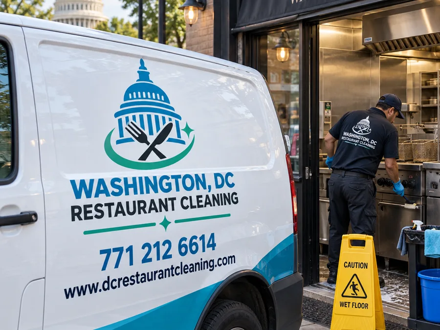 Commercial cleaning crew member emptying and wiping a back-of-house trash bin area with organized supplies