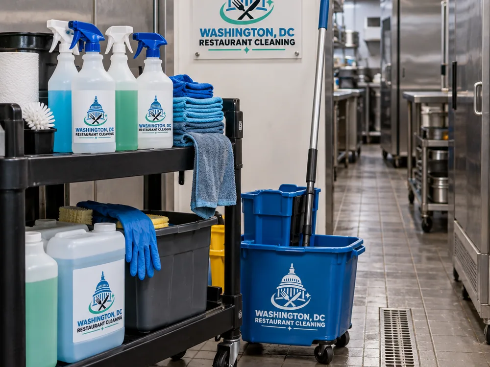 Cleaning team staging labeled supplies, floor equipment and PPE in a commercial kitchen corridor